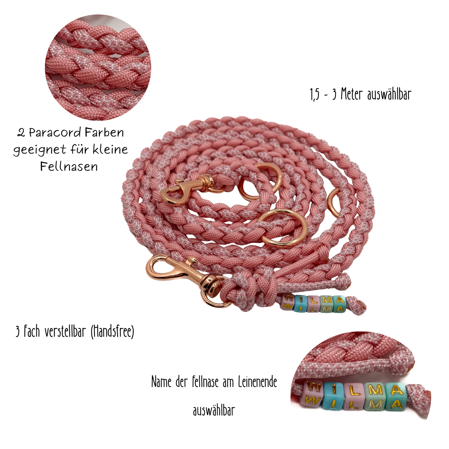 Mini Paracord Hundeleine 1,5- 3m (bis 10kg) 2 Farben