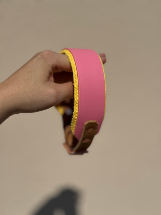 Halsband BioThane® mit Fettleder und Polsterung 38mm HU 31-41 mm Pastel Rosa/Camel