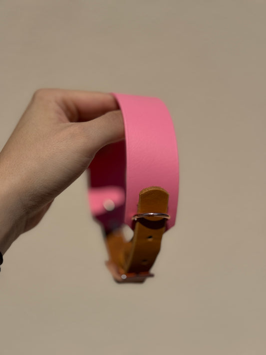 Halsband BioThane® mit Fettleder 38mm HU 34-46 mm Pastel Rosa/Congac