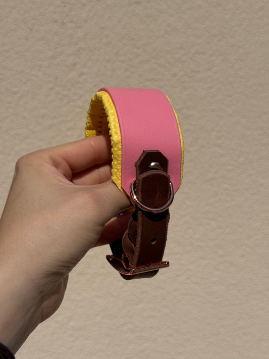Halsband BioThane® mit Fettleder und Polsterung 38mm HU 24-34 mm Pastel Rosa/Braun
